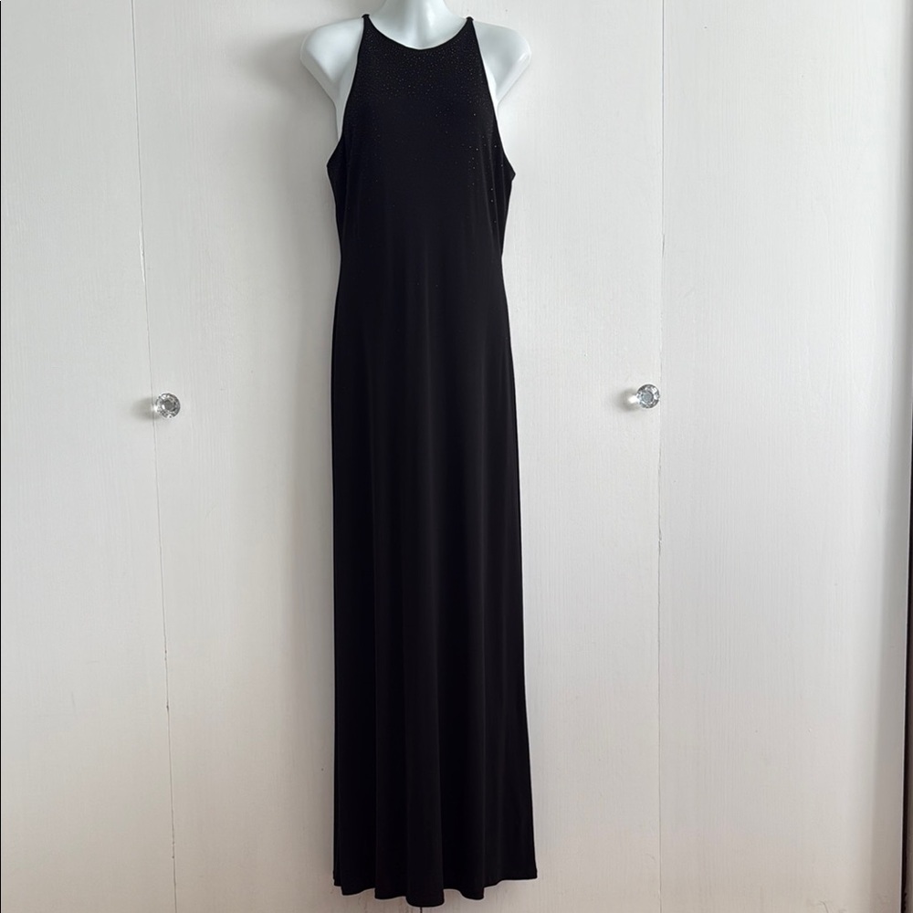 Lauren Ralph Lauren Evening Beaded Halter Maxi Stretchy Dress Black Size L
